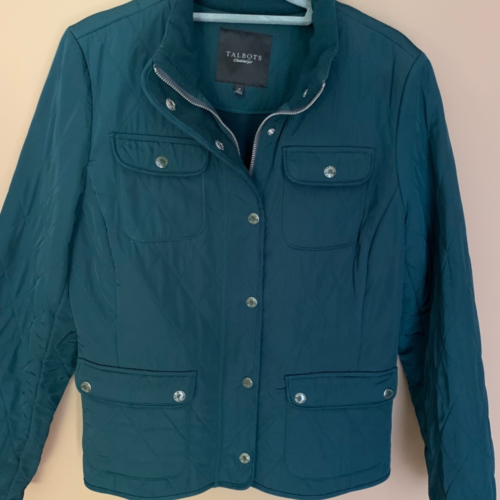 Talbots Quilted teal jacket Sz M. Fully flannel lined for warmth.